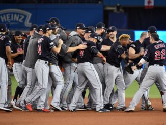Members of the Cleveland Indians celebrate defeating the Toronto Blue Jays in Game 5 of the ALCS at the Rogers Centre on Wednesday, October 19, 2016 in Toronto, Canada. (Photo by Jon Blacker/MLB Photos via Getty Images)