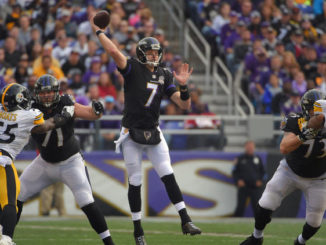 Ravens quarterback Ryan Mallett (7) leaps while passing against the Pittsburgh Steelers during the second quarter. (Karl Merton Ferron / Baltimore Sun)