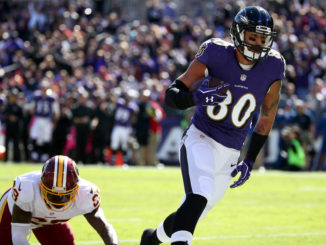 Tight end Crockett Gillmore of the Baltimore Ravens catches a touchdown in the first half against the Washington Redskins at M&T Bank Stadium. (Todd Olszewski / Getty Images)